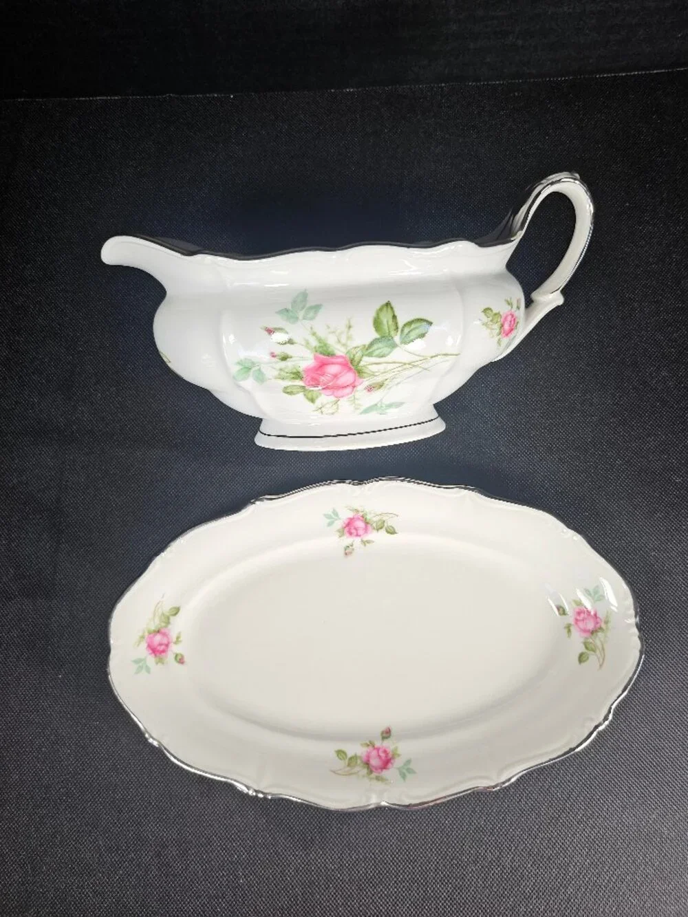 Chalfonte Bavaria Germany Fine Porcelain Pink Rose Gravy Boat With Underplate